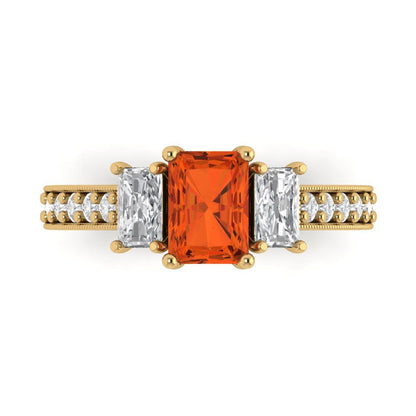 1.88 cttw Zirconia Simulated Red Diamond Three-Stone Engagement Ring - Solid Gold (VVS1, Emerald Cut,7x5mm)