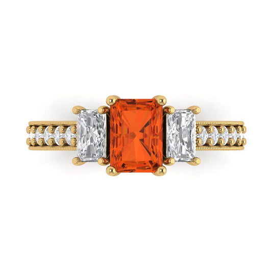 1.88 cttw Zirconia Simulated Red Diamond Three-Stone Engagement Ring - Solid Yellow Gold (VVS1, Emerald Cut,7x5mm)
