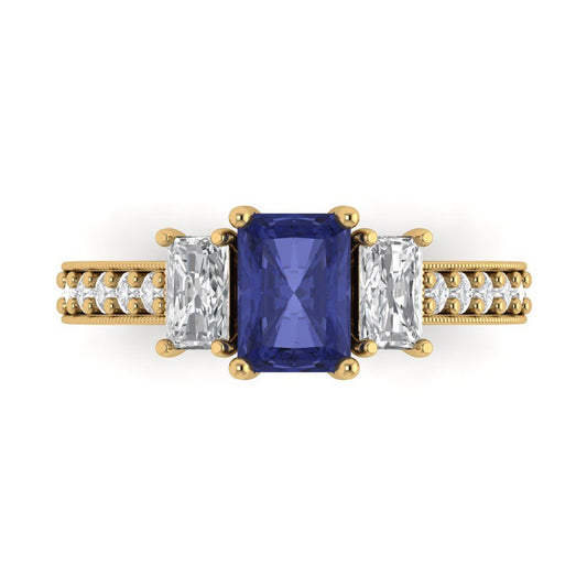 1.88 cttw Simulated Tanzanite Three-Stone Engagement Ring - Solid Yellow Gold (VVS1, Emerald Cut,7x5mm)