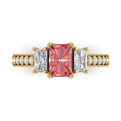 1.88 cttw Natural Garnet Three-Stone Engagement Ring - Solid Gold (Emerald Cut,7x5mm)