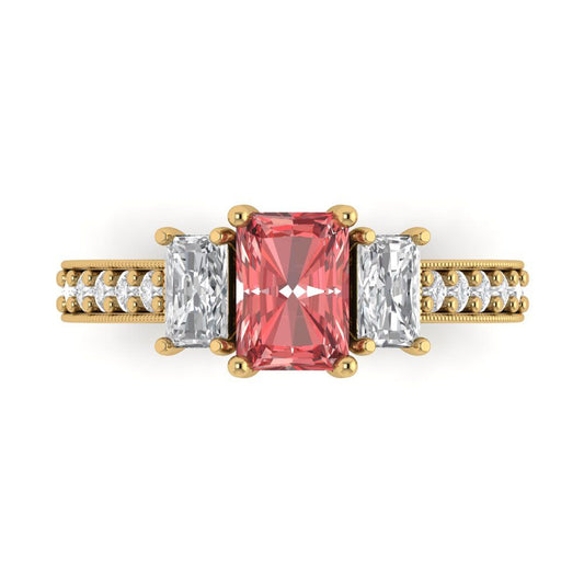 1.88 cttw Natural Garnet Three-Stone Engagement Ring - Solid Yellow Gold (VVS1, Emerald Cut,7x5mm)