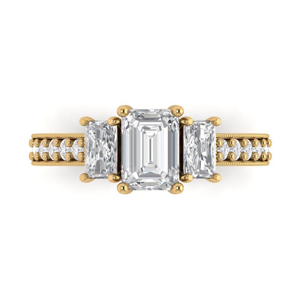 1.82 ct Brilliant Emerald Cut Natural Diamond Stone Clarity VS1-2 Color G-H Yellow Gold Solitaire with Accents Three-Stone Ring