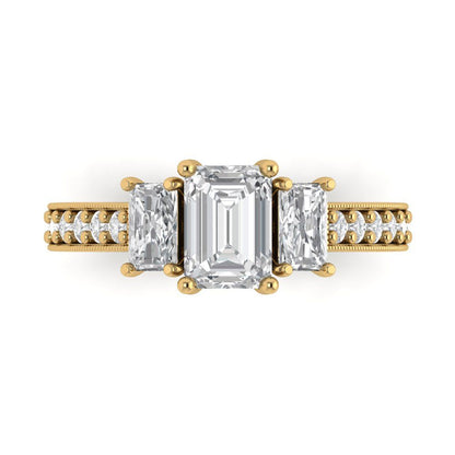 1.82 ct Brilliant Emerald Cut Natural Diamond Stone Clarity VS1-2 Color G-H Yellow Gold Solitaire with Accents Three-Stone Ring