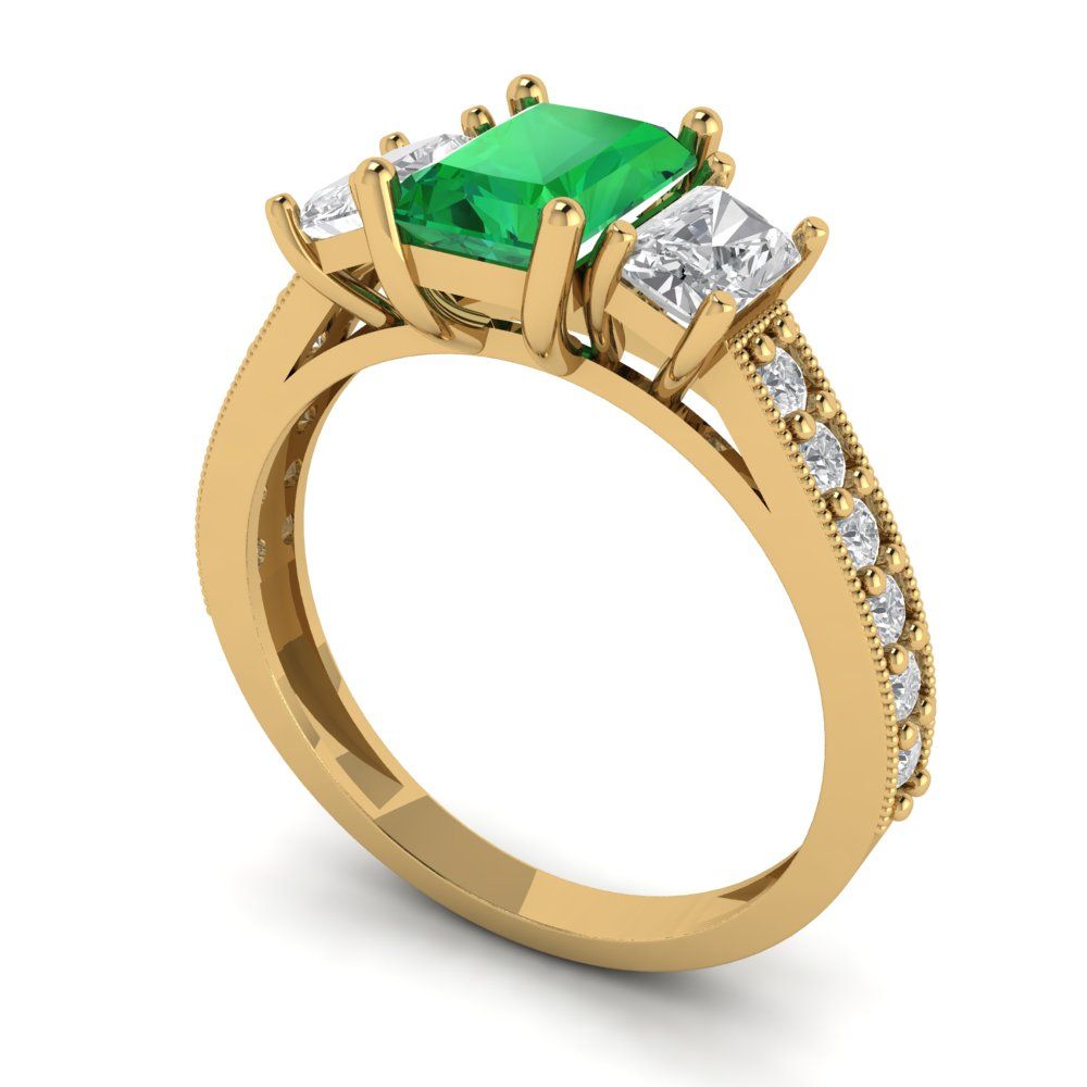 1.88 cttw Simulated Emerald Three-Stone Engagement Ring - Solid Gold (Emerald Cut,7x5mm)