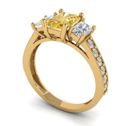 1.88 cttw Yellow Moissanite Three-Stone Engagement Ring - Solid Gold (Emerald Cut,7x5mm)