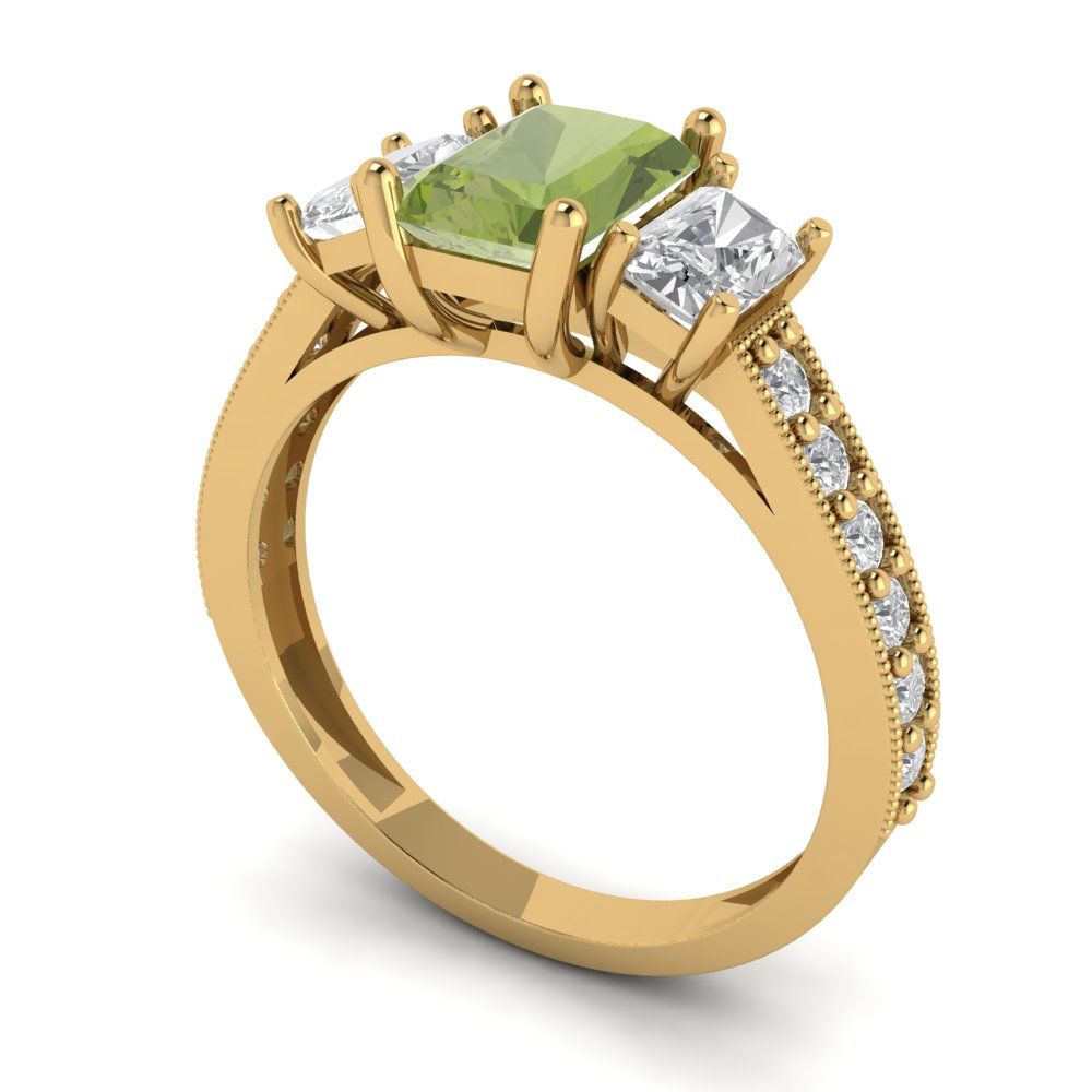1.88 cttw Natural Peridot Three-Stone Engagement Ring - Solid Gold (Emerald Cut,7x5mm)