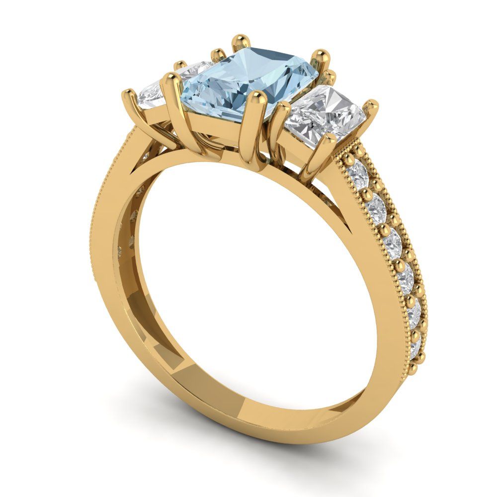 1.88 cttw Natural Swiss Blue Topaz Three-Stone Engagement Ring - Solid Yellow Gold (VVS1, Emerald Cut,7x5mm)