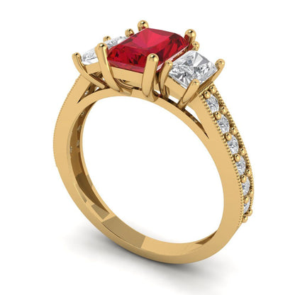 1.88 cttw Simulated Ruby Three-Stone Engagement Ring - Solid Yellow Gold (VVS1, Emerald Cut,7x5mm)