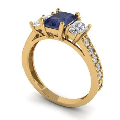 1.88 cttw Simulated Blue Sapphire Three-Stone Engagement Ring - Solid Gold (Emerald Cut,7x5mm)