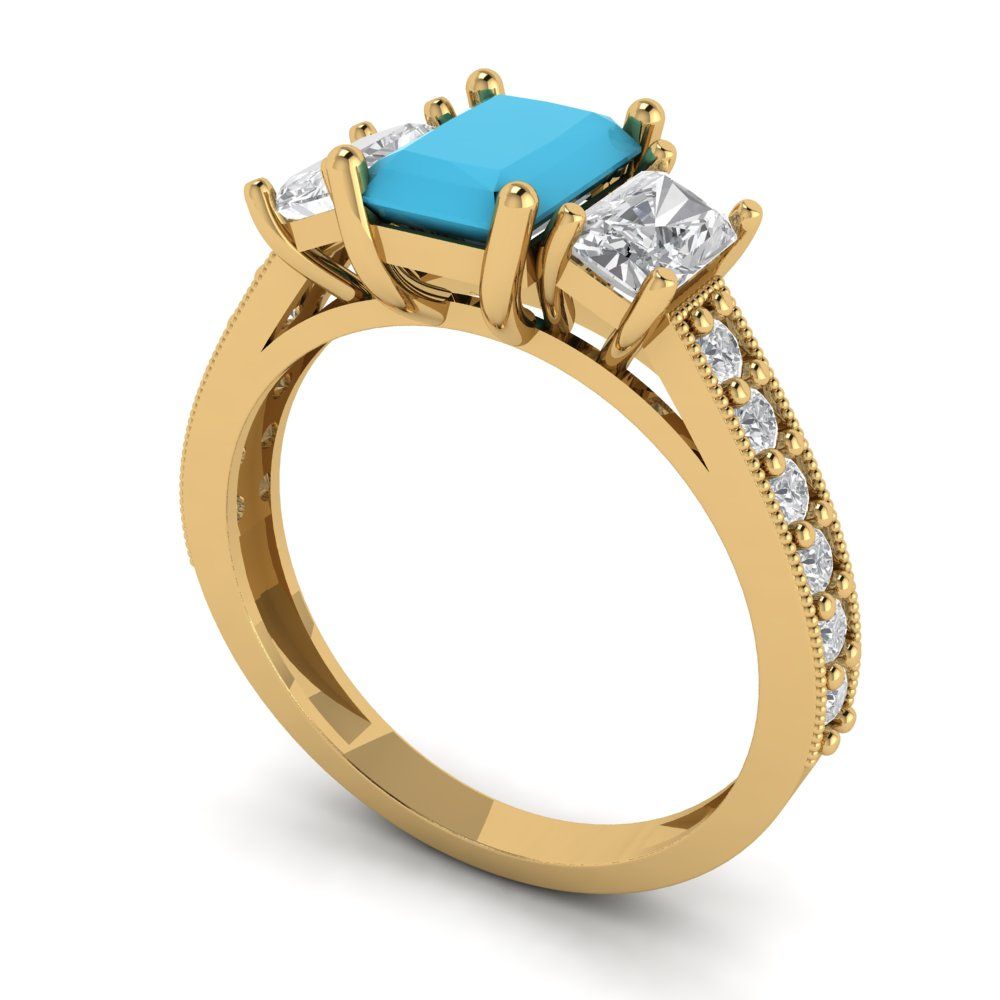 1.88 cttw Simulated Turquoise Three-Stone Engagement Ring - Solid Gold (Emerald Cut,7x5mm)