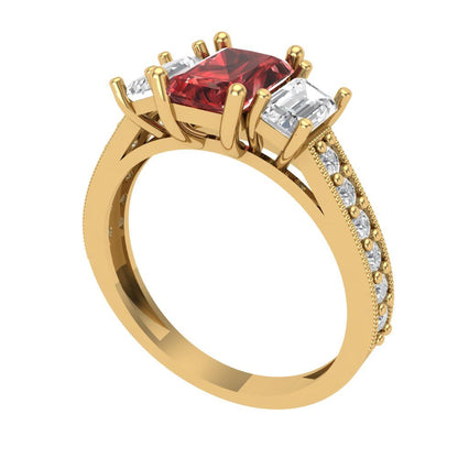 1.88 cttw Natural Garnet Three-Stone Engagement Ring - Solid Gold (Emerald Cut,7x5mm)