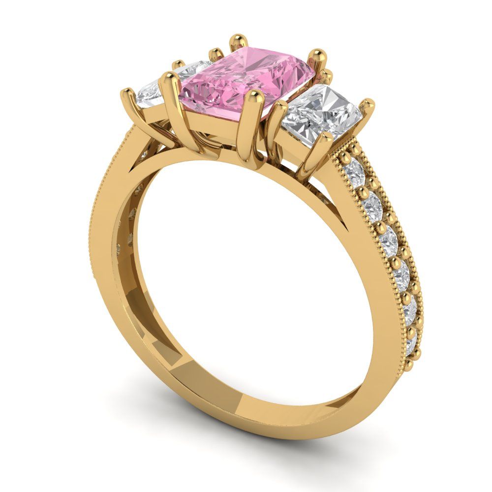 1.88 cttw Zirconia Simulated Pink Diamond Three-Stone Engagement Ring - Solid Gold (VVS1, Emerald Cut,7x5mm)