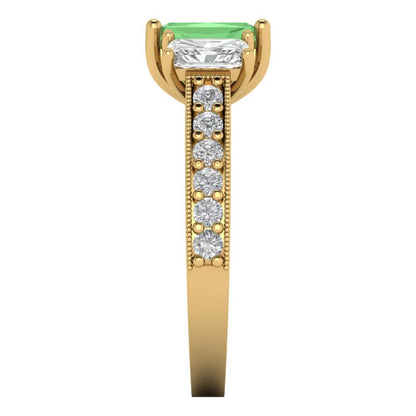1.88 cttw Zirconia Simulated Green Diamond Three-Stone Engagement Ring - Solid Gold (VVS1, Emerald Cut,7x5mm)