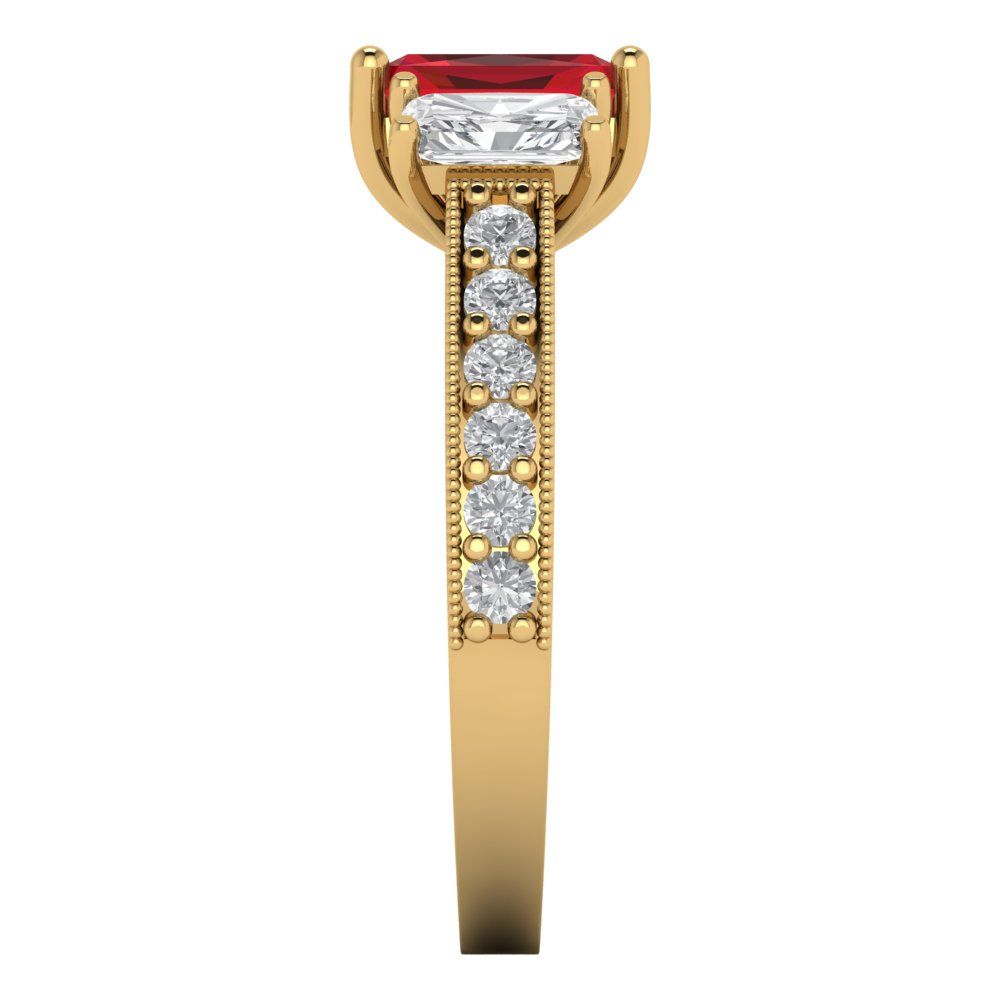 1.88 cttw Simulated Ruby Three-Stone Engagement Ring - Solid Yellow Gold (VVS1, Emerald Cut,7x5mm)