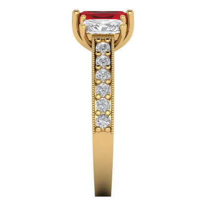 1.88 cttw Simulated Pink Tourmaline Three-Stone Engagement Ring - Solid Yellow Gold (VVS1, Emerald Cut,7x5mm)