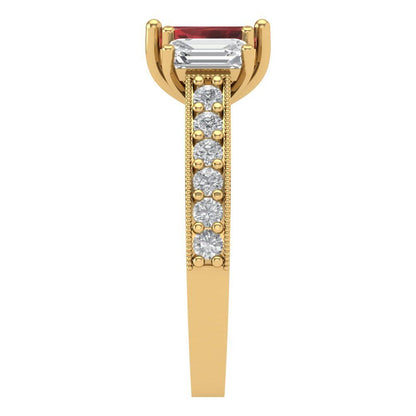 1.88 cttw Natural Garnet Three-Stone Engagement Ring - Solid Gold (Emerald Cut,7x5mm)