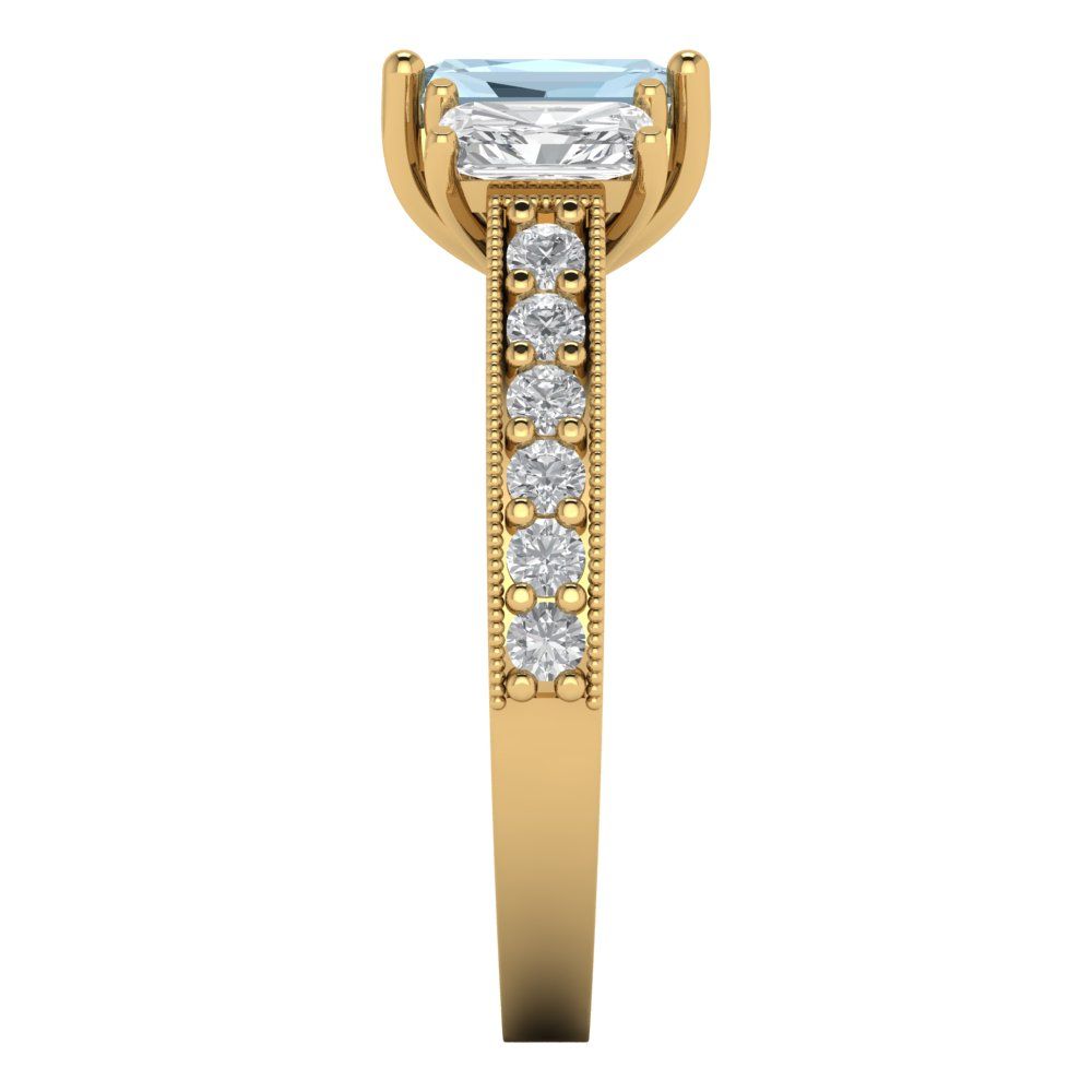 1.88 cttw Natural Swiss Blue Topaz Three-Stone Engagement Ring - Solid Yellow Gold (VVS1, Emerald Cut,7x5mm)