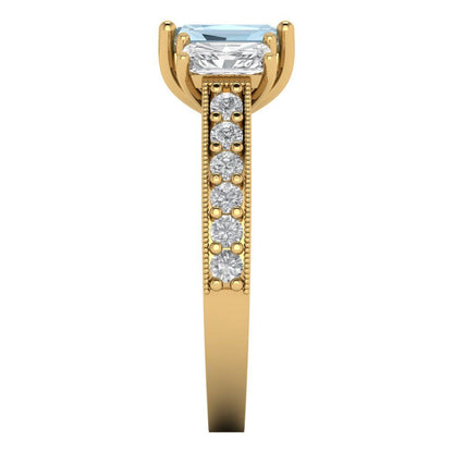 1.88 cttw Natural Swiss Blue Topaz Three-Stone Engagement Ring - Solid Yellow Gold (VVS1, Emerald Cut,7x5mm)