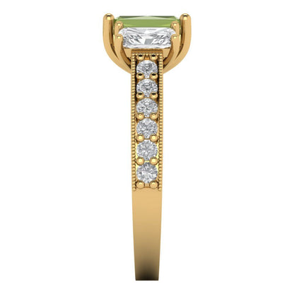 1.88 cttw Natural Peridot Three-Stone Engagement Ring - Solid Gold (Emerald Cut,7x5mm)
