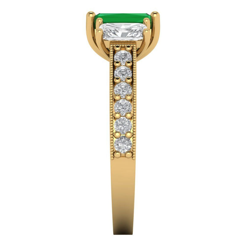 1.82 ct Brilliant Emerald Cut Simulated Emerald Stone Yellow Gold Solitaire with Accents Three-Stone Ring
