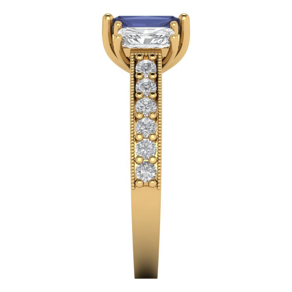 1.88 cttw Simulated Blue Sapphire Three-Stone Engagement Ring - Solid Gold (Emerald Cut,7x5mm)