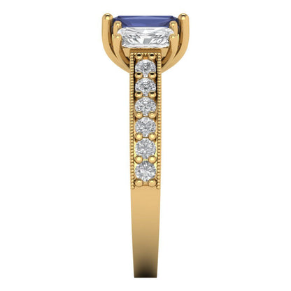 1.88 cttw Simulated Blue Sapphire Three-Stone Engagement Ring - Solid Gold (Emerald Cut,7x5mm)