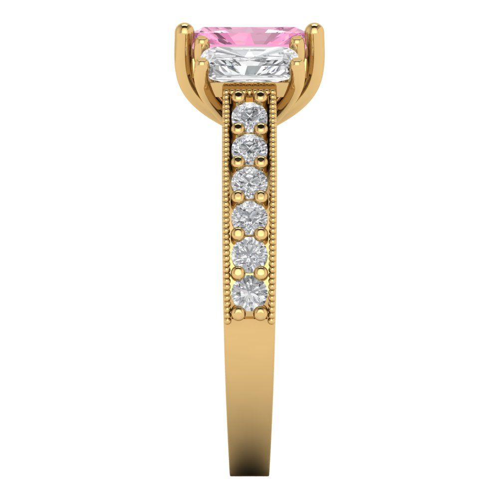 1.88 cttw Zirconia Simulated Pink Diamond Three-Stone Engagement Ring - Solid Gold (VVS1, Emerald Cut,7x5mm)