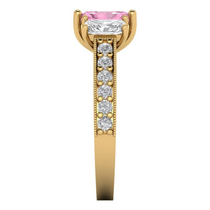 1.88 cttw Zirconia Simulated Pink Diamond Three-Stone Engagement Ring - Solid Gold (VVS1, Emerald Cut,7x5mm)