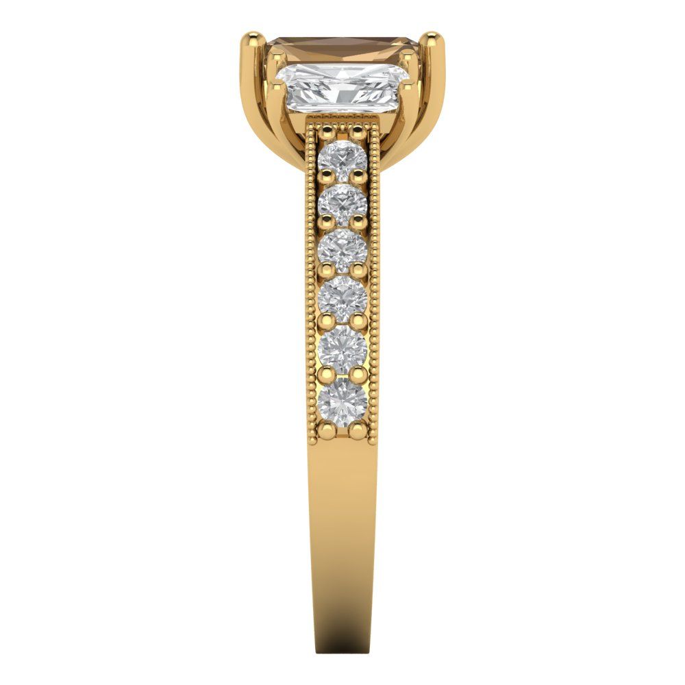 1.88 cttw Zirconia Simulated Champagne Diamond Three-Stone Engagement Ring - Solid Gold (VVS1, Emerald Cut,7x5mm)