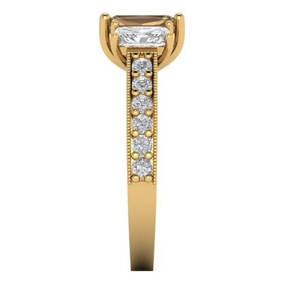 1.88 cttw Zirconia Simulated Champagne Diamond Three-Stone Engagement Ring - Solid Gold (VVS1, Emerald Cut,7x5mm)