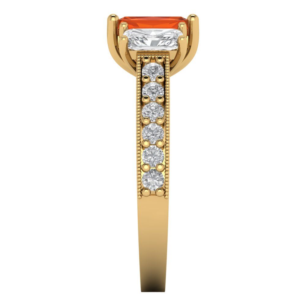 1.88 cttw Zirconia Simulated Red Diamond Three-Stone Engagement Ring - Solid Gold (VVS1, Emerald Cut,7x5mm)