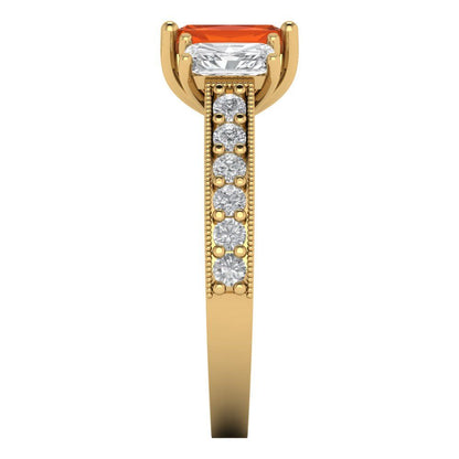 1.88 cttw Zirconia Simulated Red Diamond Three-Stone Engagement Ring - Solid Gold (VVS1, Emerald Cut,7x5mm)