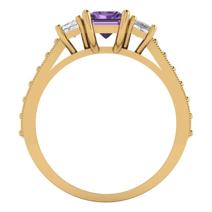 1.88 cttw Simulated Alexandrite Three-Stone Engagement Ring - Solid Gold (Emerald Cut,7x5mm)