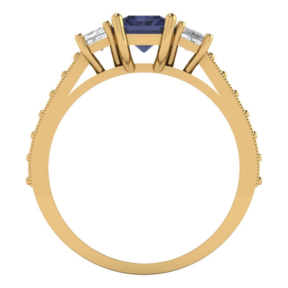 1.88 cttw Simulated Blue Sapphire Three-Stone Engagement Ring - Solid Gold (Emerald Cut,7x5mm)