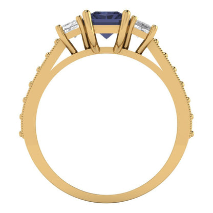 1.88 cttw Simulated Blue Sapphire Three-Stone Engagement Ring - Solid Gold (Emerald Cut,7x5mm)