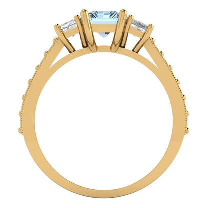 1.88 cttw Natural Swiss Blue Topaz Three-Stone Engagement Ring - Solid Yellow Gold (VVS1, Emerald Cut,7x5mm)