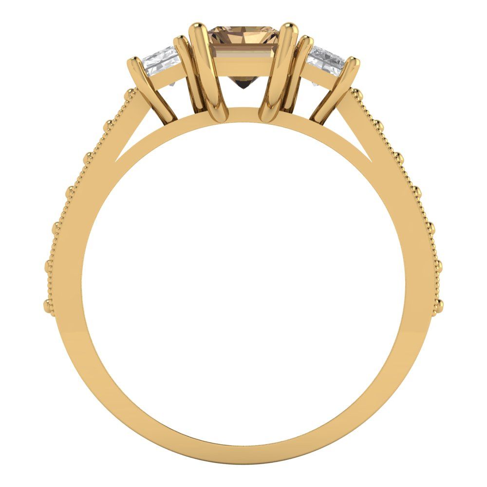 1.88 cttw Zirconia Simulated Champagne Diamond Three-Stone Engagement Ring - Solid Gold (VVS1, Emerald Cut,7x5mm)