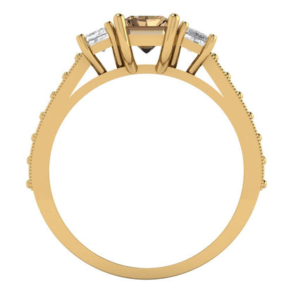 1.88 cttw Zirconia Simulated Champagne Diamond Three-Stone Engagement Ring - Solid Gold (VVS1, Emerald Cut,7x5mm)