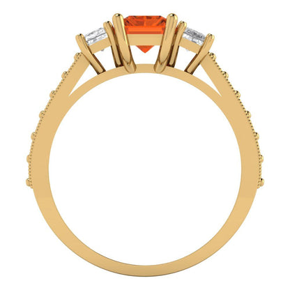 1.88 cttw Simulated Ruby Three-Stone Engagement Ring - Solid Yellow Gold (VVS1, Emerald Cut,7x5mm)