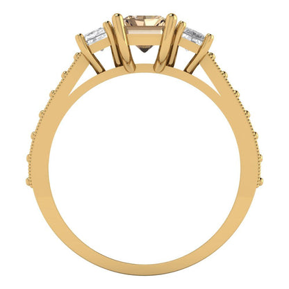 1.88 cttw Yellow Moissanite Three-Stone Engagement Ring - Solid Gold (Emerald Cut,7x5mm)