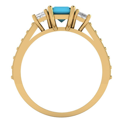 1.88 cttw Simulated Turquoise Three-Stone Engagement Ring - Solid Gold (Emerald Cut,7x5mm)