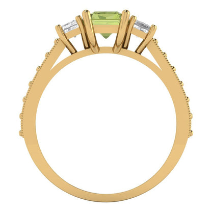 1.88 cttw Natural Peridot Three-Stone Engagement Ring - Solid Gold (Emerald Cut,7x5mm)