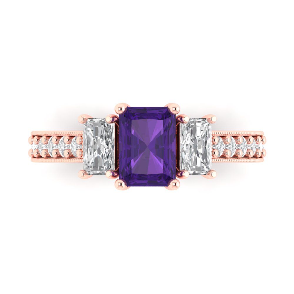 1.88 cttw Natural Amethyst Three-Stone Engagement Ring - Solid Gold (Emerald Cut,7x5mm)