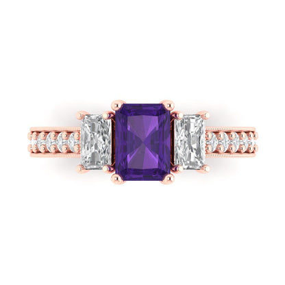 1.88 cttw Natural Amethyst Three-Stone Engagement Ring - Solid Gold (Emerald Cut,7x5mm)