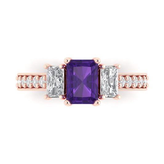 1.88 cttw Natural Amethyst Three-Stone Engagement Ring - Solid Rose Gold (VVS1, Emerald Cut,7x5mm)
