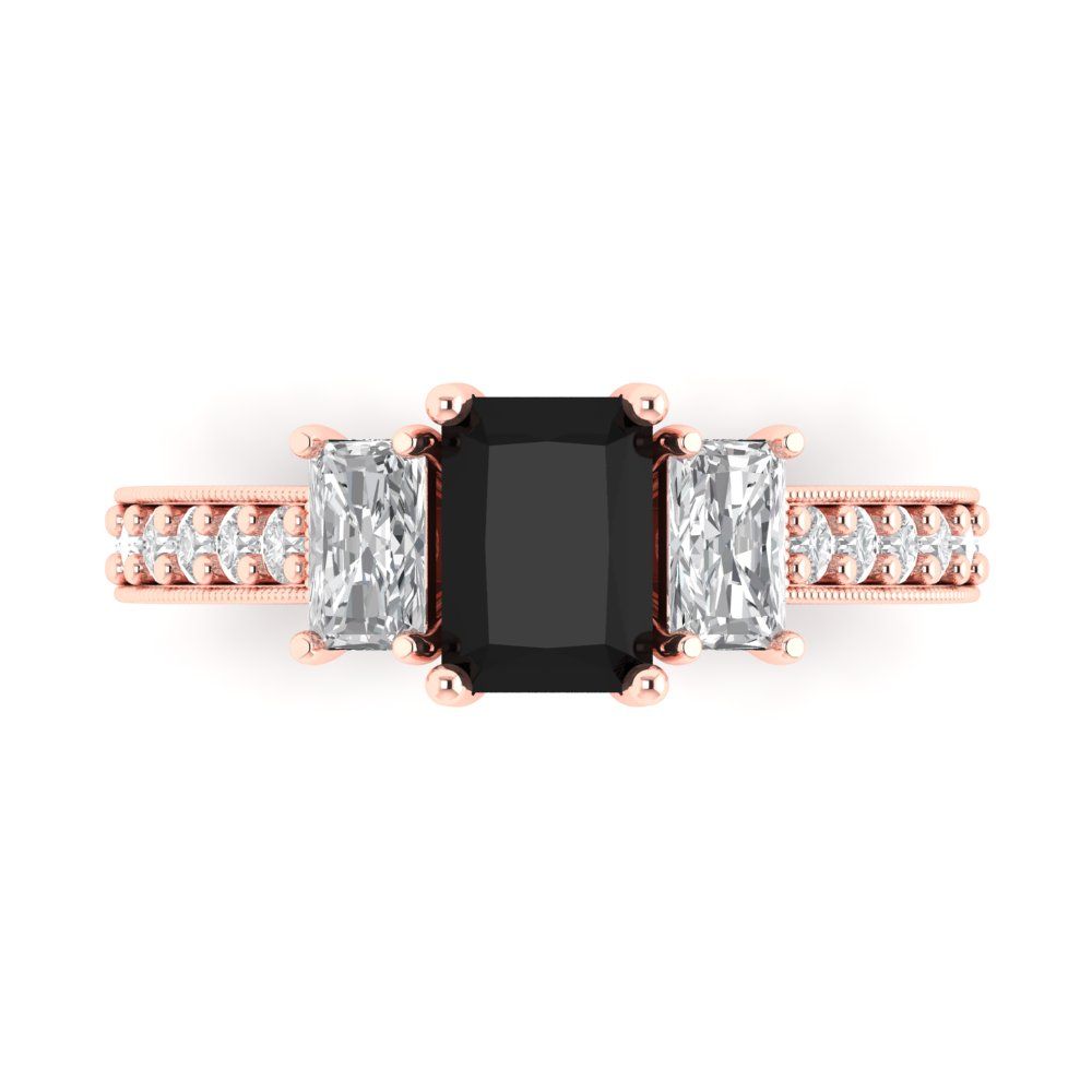 1.88 cttw Natural Onyx Three-Stone Engagement Ring - Solid Gold (Emerald Cut,7x5mm)