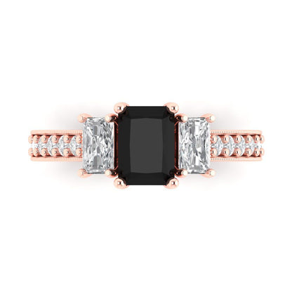 1.88 cttw Natural Onyx Three-Stone Engagement Ring - Solid Gold (Emerald Cut,7x5mm)