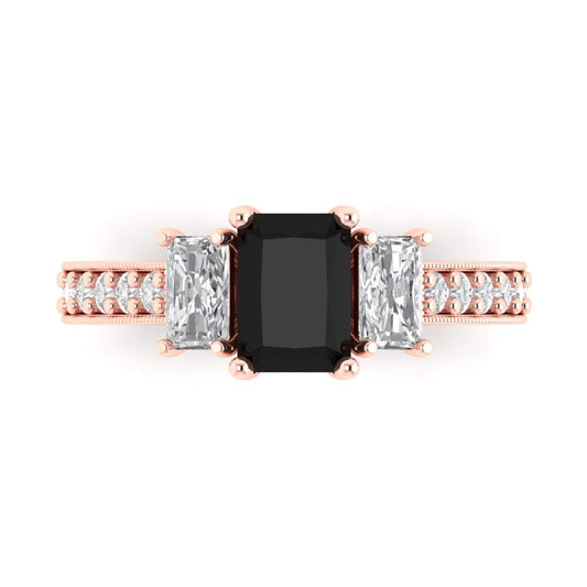 1.88 cttw Natural Onyx Three-Stone Engagement Ring - Solid Rose Gold (VVS1, Emerald Cut,7x5mm)