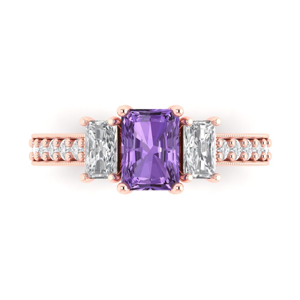 1.88 cttw Simulated Alexandrite Three-Stone Engagement Ring - Solid Rose Gold (VVS1, Emerald Cut,7x5mm)