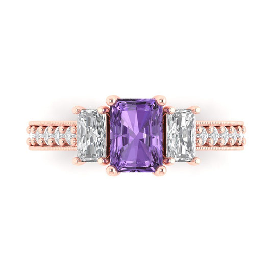 1.88 cttw Simulated Alexandrite Three-Stone Engagement Ring - Solid Rose Gold (VVS1, Emerald Cut,7x5mm)